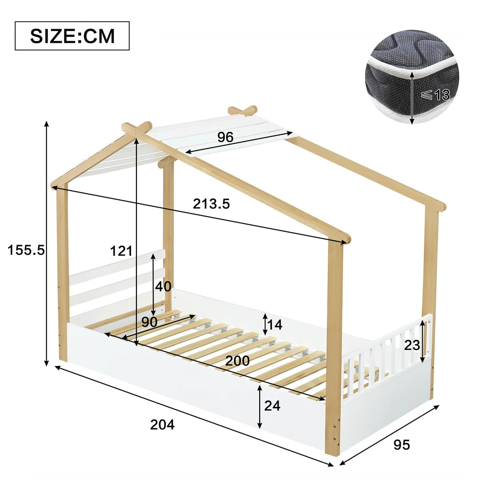 Lit cabane avec petit toit 90x200cm